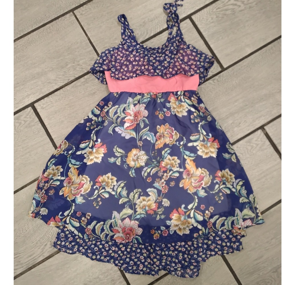 Jona Michelle Girls Blue Pink Floral Chiffon Ruffle Tiered Party Dress Size 6